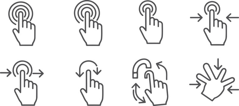 Set of hand gesture icons for touchscreen interactions including tap double tap swipe pinch zoom rotate and spread with arrows indicating direction.