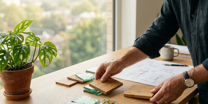 Man arranging wooden coasters on a desk with a plant and papers in a modern office with a city view.