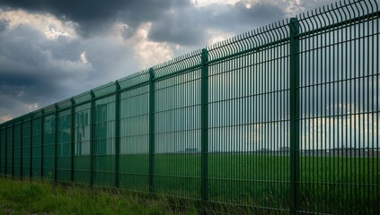 Fototapeta premium A tall green metal fence with numerous bars against a cloudy sky.