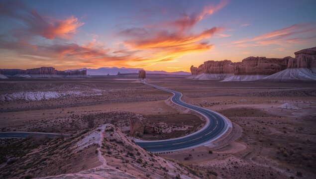 A sunset road meandering through the Yardang formation in Xinjiang's Dahaidao.