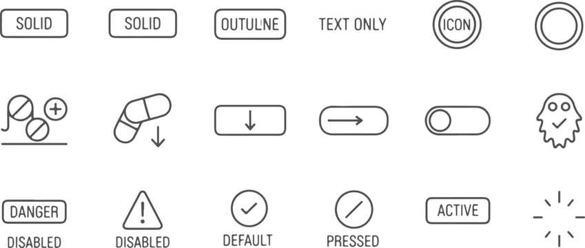 Assortment of UI elements and icons including buttons with text like solid outline text only icon and circle shapes along with pills toggles ghost and danger symbols.