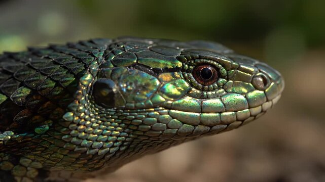Extreme close-up of iridescent reptile scales on a lizard head. Macro view showing shimmering green and gold skin texture, detailed eye, and overlapping scales in natural sunlight.