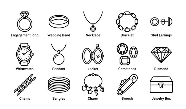 Outline jewelry icon set with rings necklaces bracelets earrings and watch vector