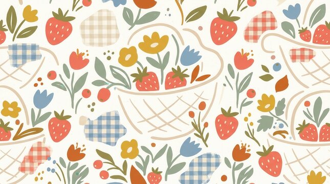 Seamless pattern with strawberries, flowers, berries, baskets, and checkered fabric elements