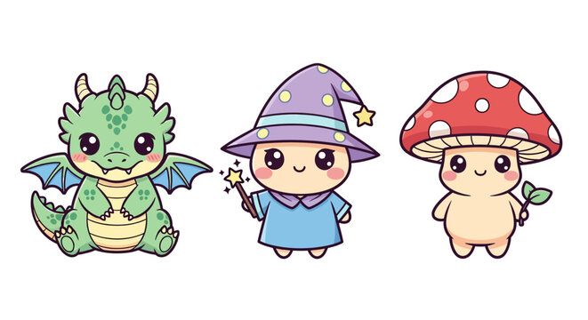 Cute cartoon dragon wizard and mushroom characters.
