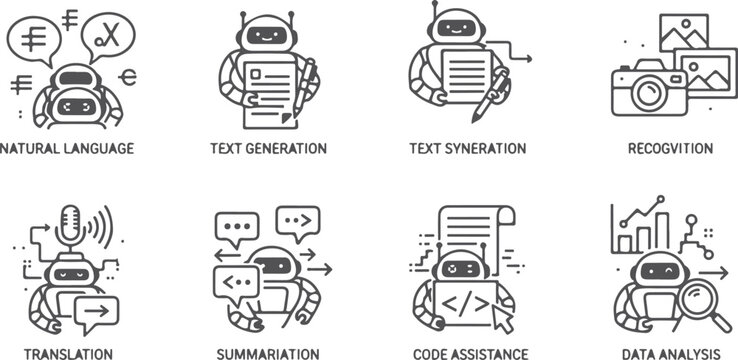 AI chatbot icons for natural language text generation synneration recognition translation summarization code assistance and data analysis on transparent background.