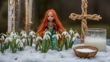 Altar for Imbolc featuring a Brigid figure, cross, snowdrops, candle, and milk.