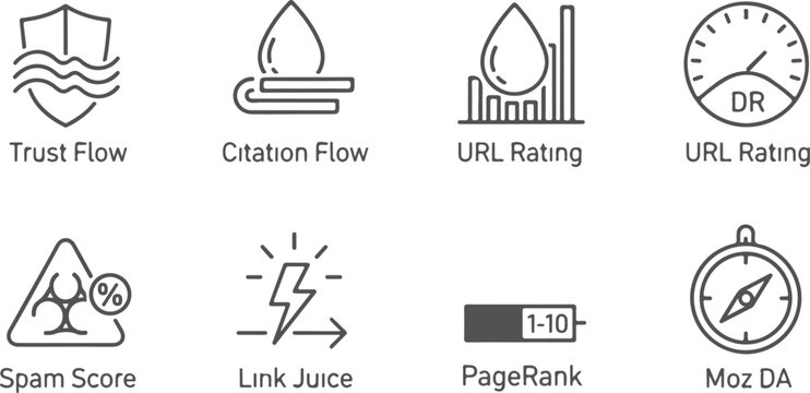 Digital marketing metrics and analytics icons set with trust flow citation url rating spam score link juice pagerank moz da representations for website optimization and seo strategy.