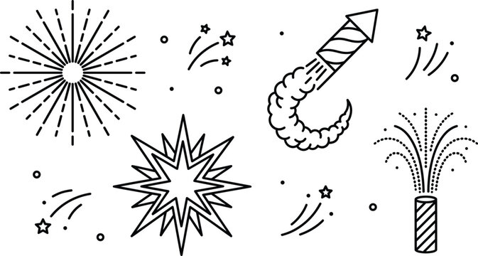 New Year holiday celebration fireworks element doodle set rocket explosion sparkler line art vectors