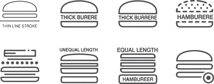Hamburger icons set thin line stroke demonstrating different bun styles with thick burrere unequal length equal length and hamburger variations for food related design concepts.