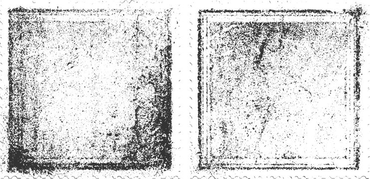 Two distressed black and white square grunge textures with rough edges and speckled patterns