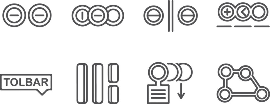 UI elements icons for interaction design including toolbar buttons sliders grouping circular indicators and network connection symbols for applications.