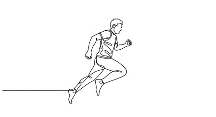 Fototapeta premium Continuous line drawing of a man running in athletic motion on a plain white background