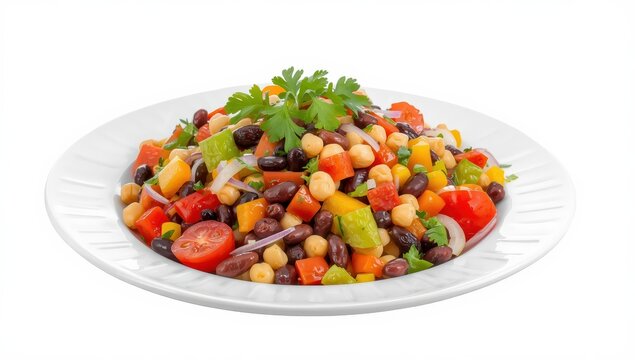 Bean salad on a white plate against a plain backdrop.
