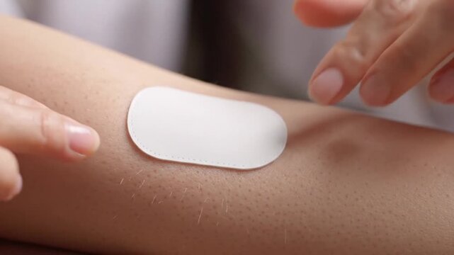A close up of a woman's hands applying a glucose test patch on her arm, diabetes monitoring, health care, medical technology