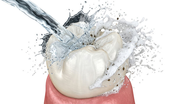 Water flowing into a tooth dental hygiene illustration clean environment close-up view oral health concept