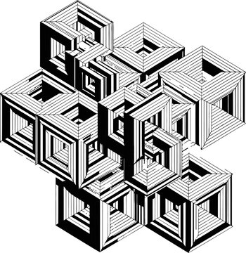 Abstract Geometric Illusion: A complex arrangement of hollow cubic forms creates a striking optical illusion, showcasing a mind-bending interplay of lines and shadows.