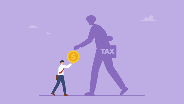 Businessman holding money coin with business taxes shadow. Financial charge and duty to pay for government, Tax burden or debt to pay for income tax concept.