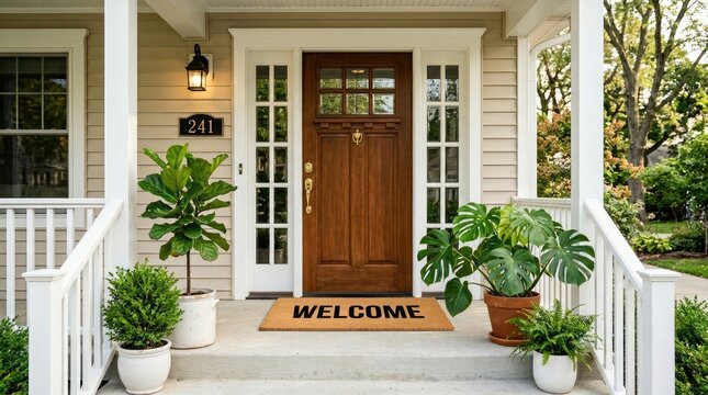Welcome home to a cozy porch with potted plants and a warm wooden door
