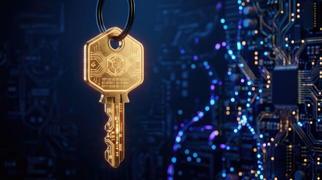 Golden key with circuit board design on a black background with blue