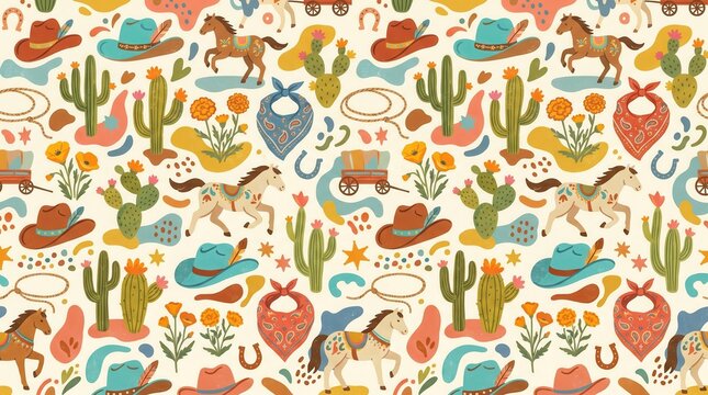 Playful illustration showing hats, running horses, cacti, flowers, ropes, and wagons