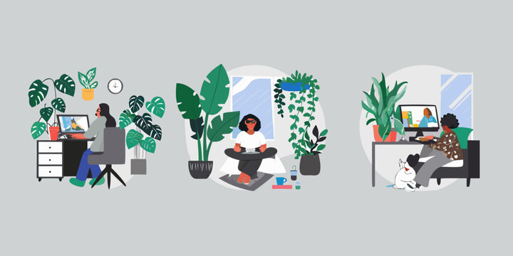 Three Illustrated Scenes Depicting People Working And Relaxing With Plants