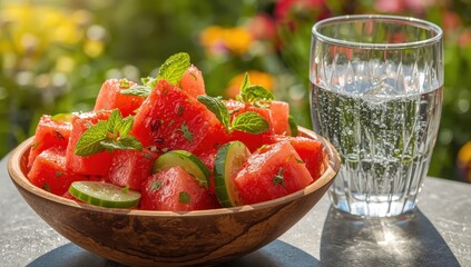 Fototapeta premium Bowl of watermelon salad alongside a glass of water in a lovely setting.