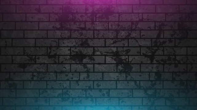 Dark grunge brick wall background with neon purple and blue lighting, urban textured backdrop, vintage distressed masonry surface, cinematic 4k wallpaper