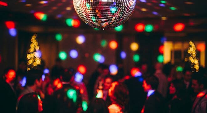 Disco ball reflecting colorful lights on dancing crowd at party celebration.