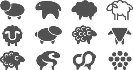 Obraz premium Set of twelve stylized sheep icons on transparent background diverse animal silhouettes representing farm animals and sheep breeds in cartoon style.