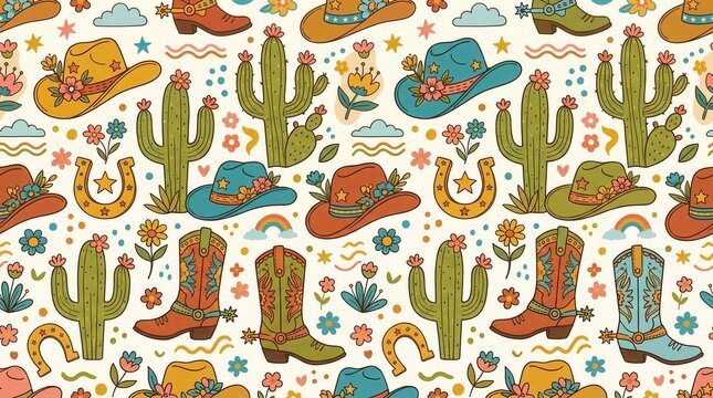 Charming retro cowboy hats, boots, cacti, horseshoes on light background