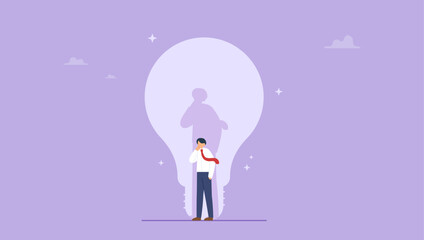 Businessman thinking under light bulb shadow. Solution to solve problem or brainstorm, creativity idea or inspiration for business concept. © yedsgn
