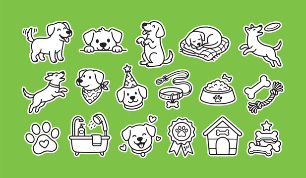 Collection of hand-drawn cute dog pet care icons with accessories illustration collection training grooming domestic graphics elements