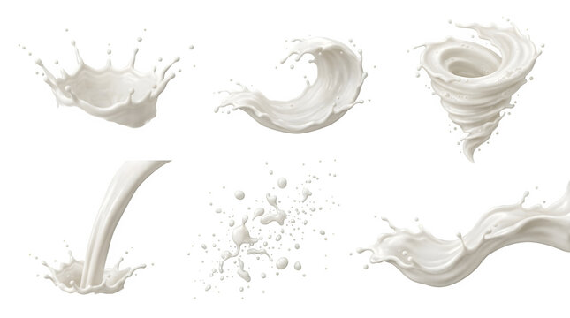 Set of milk splashes and pouring liquid isolated on transparent background