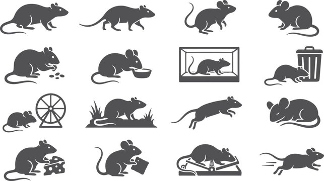 Collection of twelve stylized mouse icons and silhouettes on transparent background diverse rodent animals in action and everyday scenes.