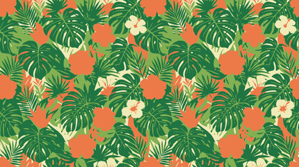 Tropical leaves and flowers pattern. © beatrice