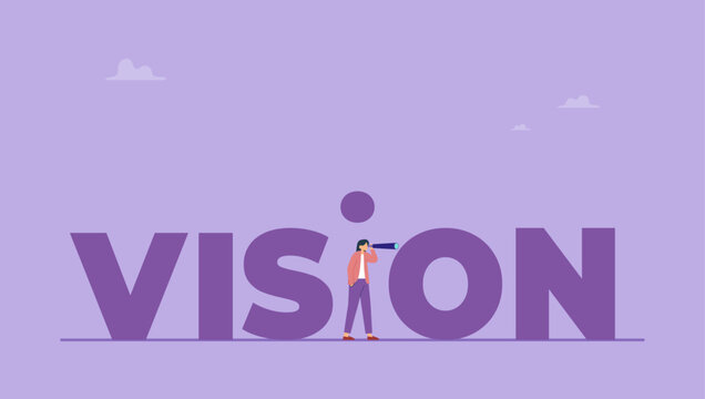 Businesswoman with telescope or monocular in vision word. Objectives business vision, leadership, strategy, mission concept.