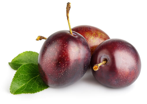 Fresh plums with green leaves still life of ripe fruits, isolated on white background