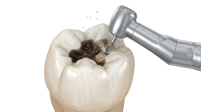 Dental procedure tooth decay treatment clinic medical illustration close-up oral health awareness