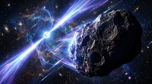 Irregular asteroid illuminated by energetic pulsar beams, dramatic streaks of radiation in the background, highly detailed rocky surface, realistic cosmic environment