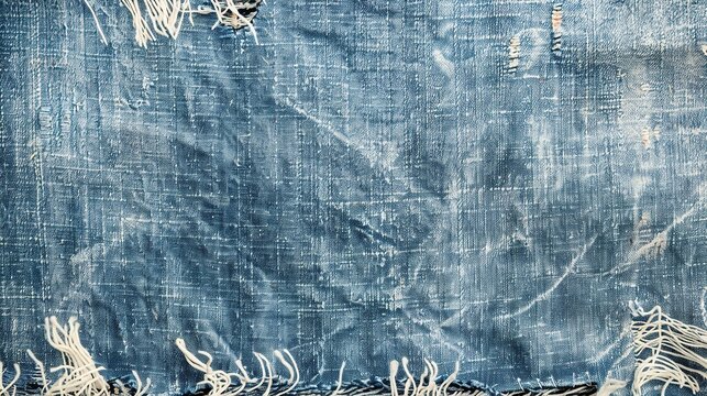 Worn denim torn hole with frayed threads close up