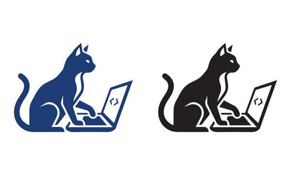 Cat Using Laptop Vector Illustration With Silhouette Style