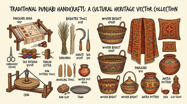 Traditional Punjabi handicrafts cultural heritage vector collection, phulkari embroidery and pottery tools, woven baskets and folk art elements