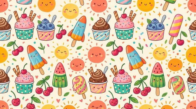 Joyful summer pattern: smiling suns, ice cream, popsicles, cherries