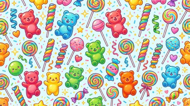 Vibrant pastel pattern of gummy bears, lollipops, candies, sprinkles