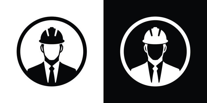Minimalist construction worker engineer avatar vector icon set. Black and white circular silhouette design for professional contractor profile symbol.