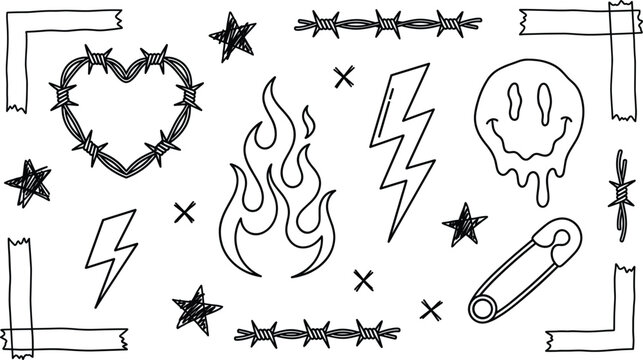 Y2K grunge punk tattoo doodle element set barbed wire heart flame lightning line art vectors