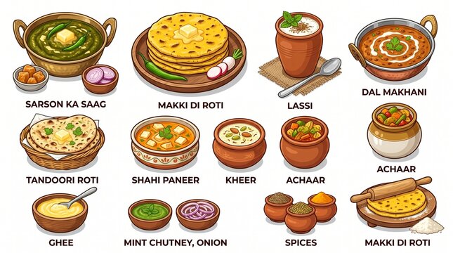 Traditional North Indian food collection, Sarson Ka Saag and Makki Di Roti illustration, Punjabi cuisine set with Shahi Paneer and Dal Makhani