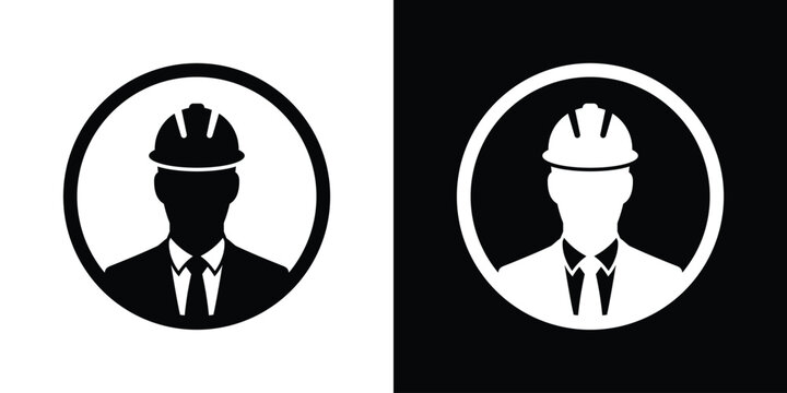 Minimalist construction worker engineer avatar vector icon set. Black and white circular silhouette design for professional contractor profile symbol.