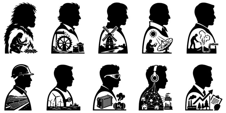 Vector silhouette set of human profiles with double exposure showing the evolution of energy power generation and sustainability